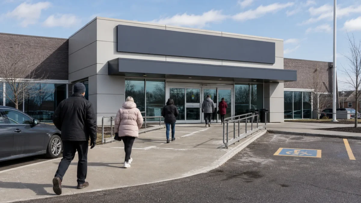 The exterior of an Ontario DriveTest centre with the sign visible and people walking toward the entrance.