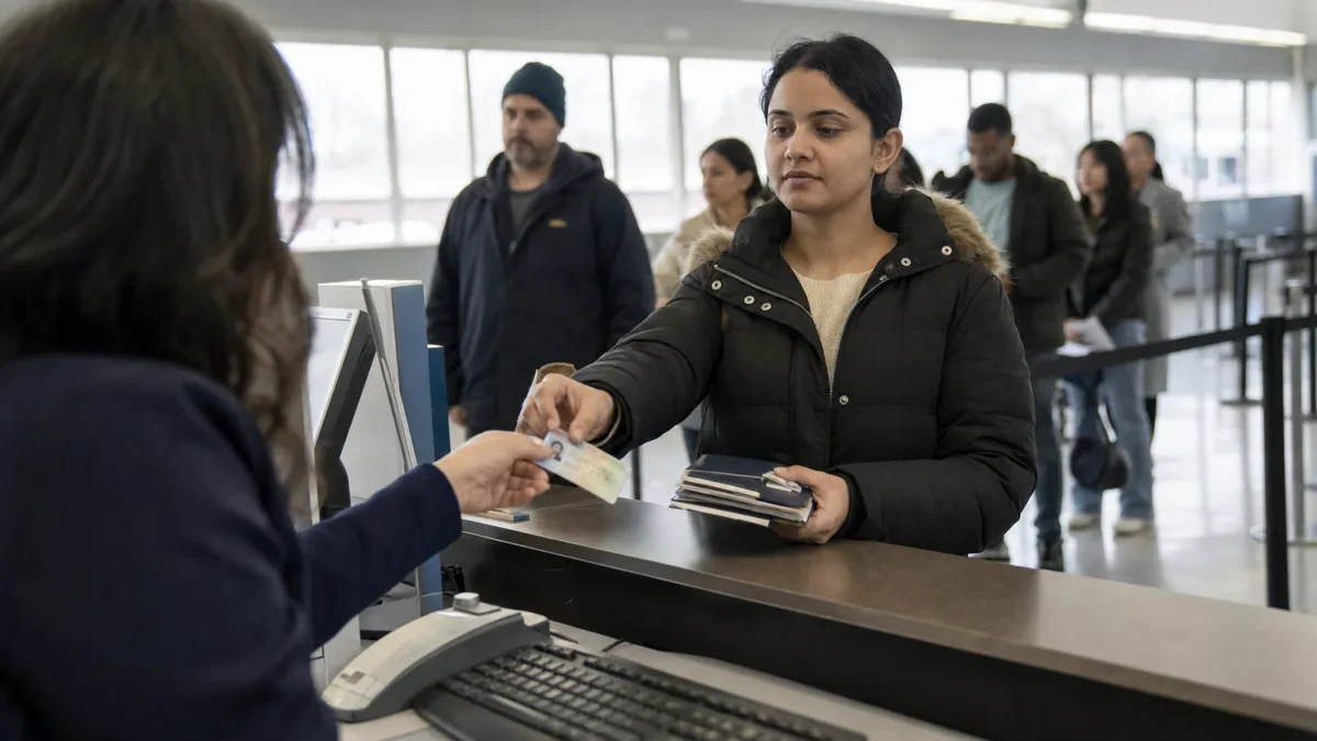 A newcomer handing a foreign driver licence and documents to a clerk at an Ontario DriveTest service counter.
