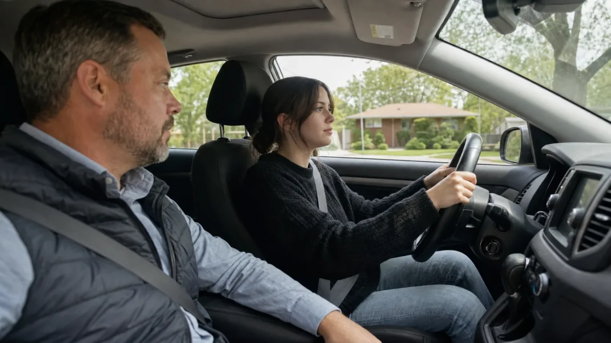 A new Ontario G1 driver at the wheel with a licensed adult supervising from the front passenger seat.