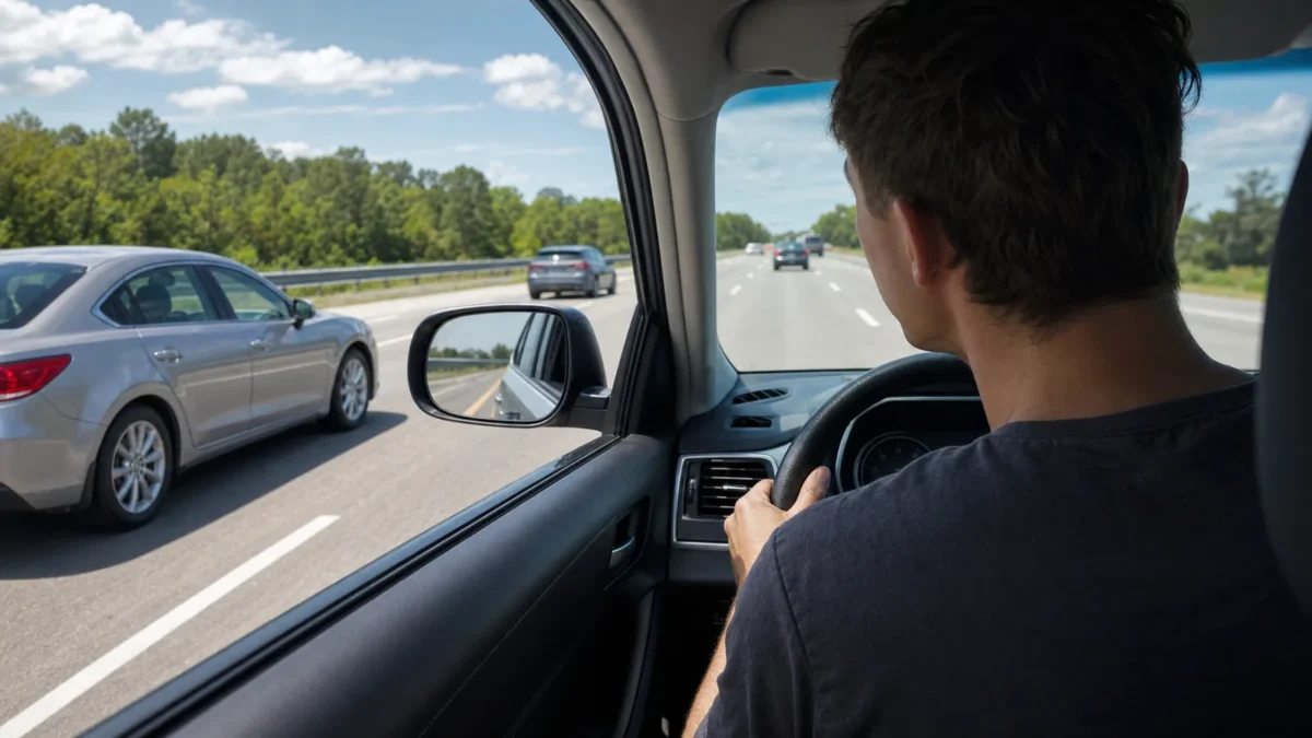 A driver's view over the shoulder checking the blind spot before changing lanes on an Ontario multi-lane road.