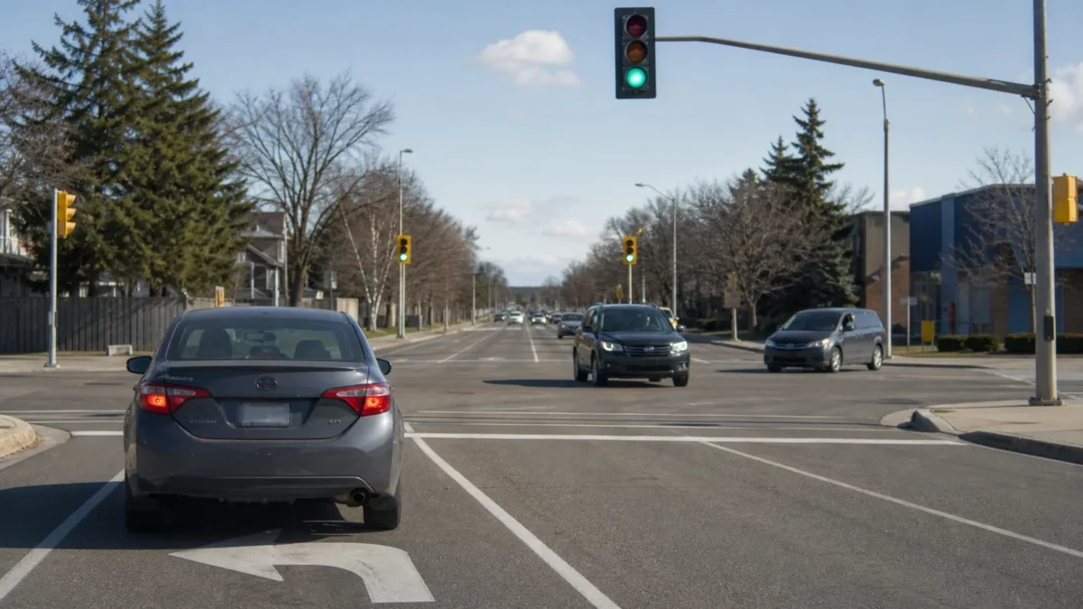 A car waiting in the left-turn lane at an Ontario intersection with a green traffic light, yielding to oncoming traffic.