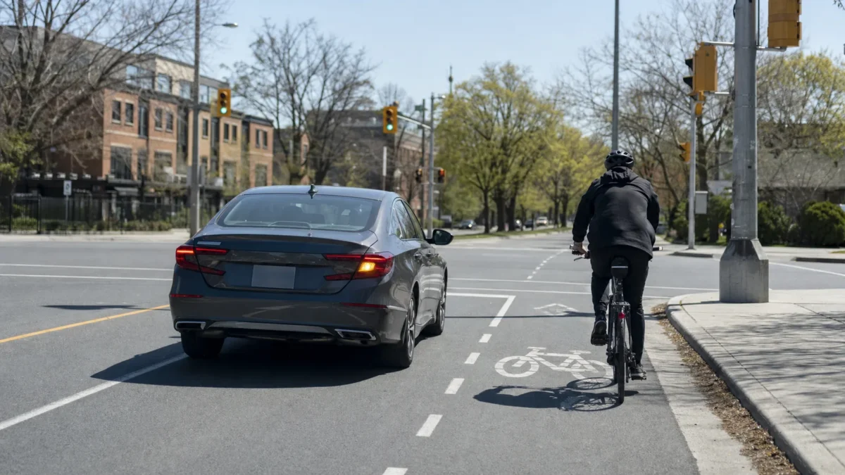 A car signalling and turning right at an Ontario intersection while a cyclist rides in the bike lane on its right.