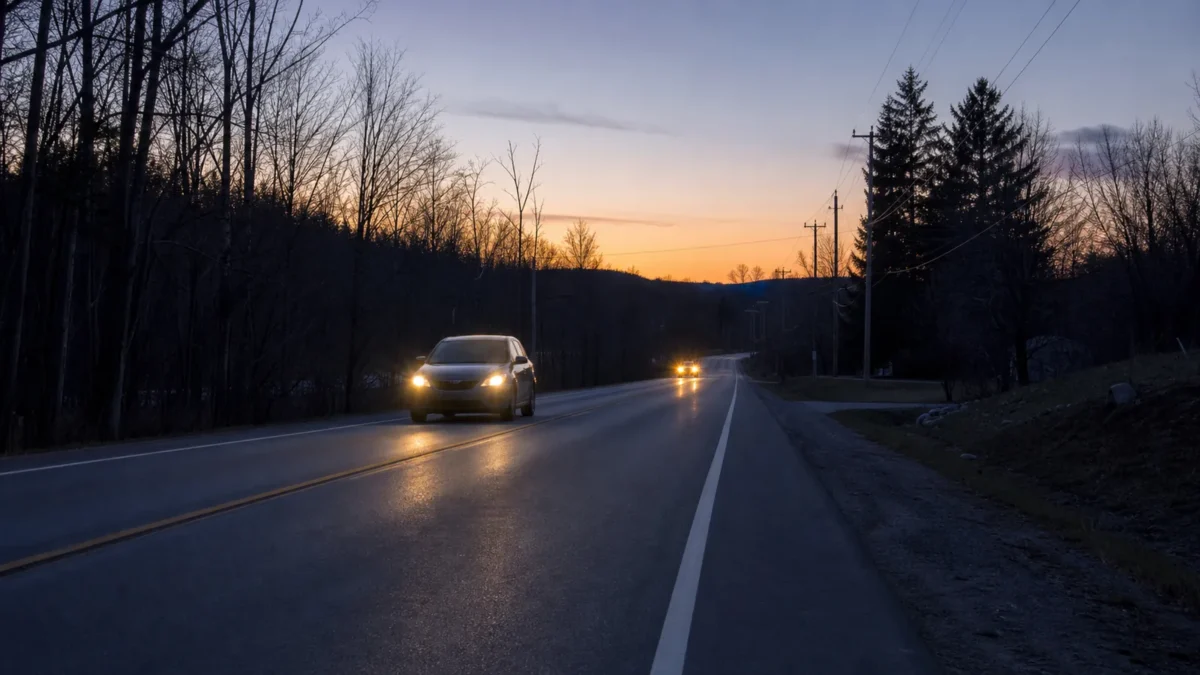 A car on an Ontario road at dusk with its low-beam headlights on as an oncoming vehicle approaches.