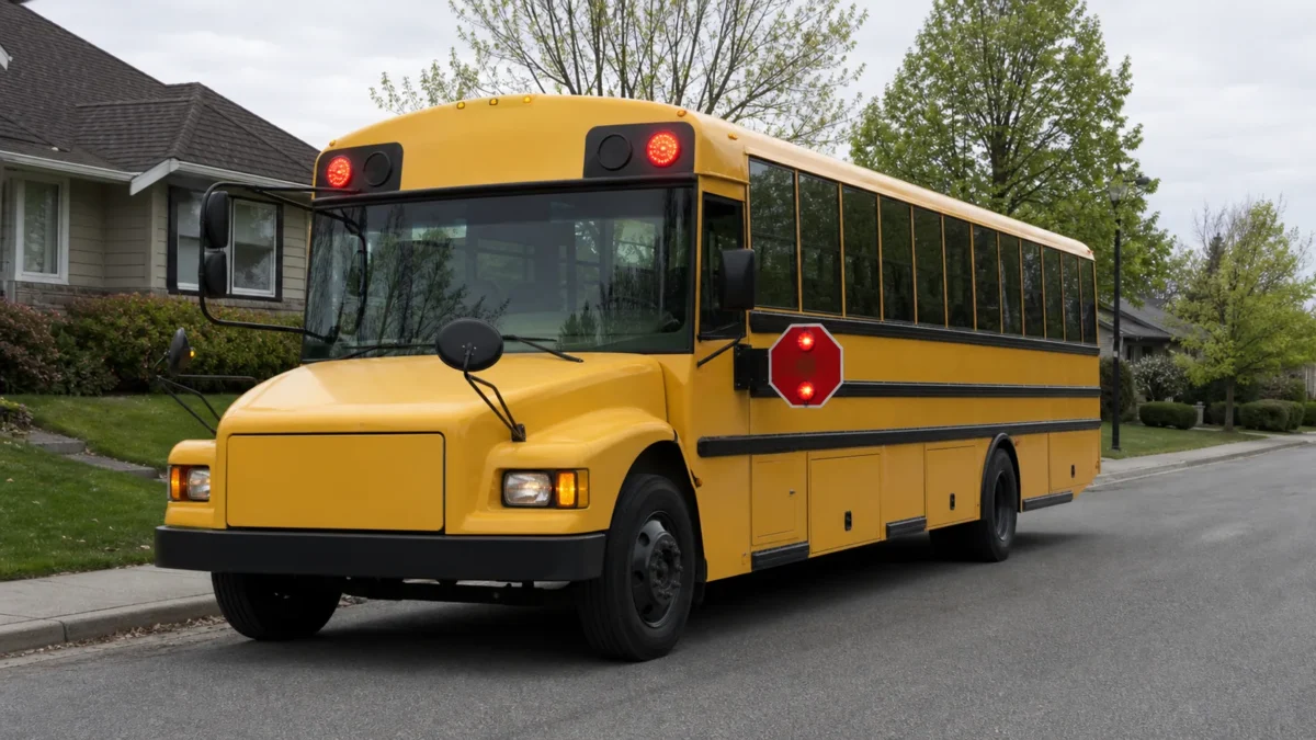 A yellow Ontario school bus stopped on a residential street with its red lights flashing and its stop arm out.