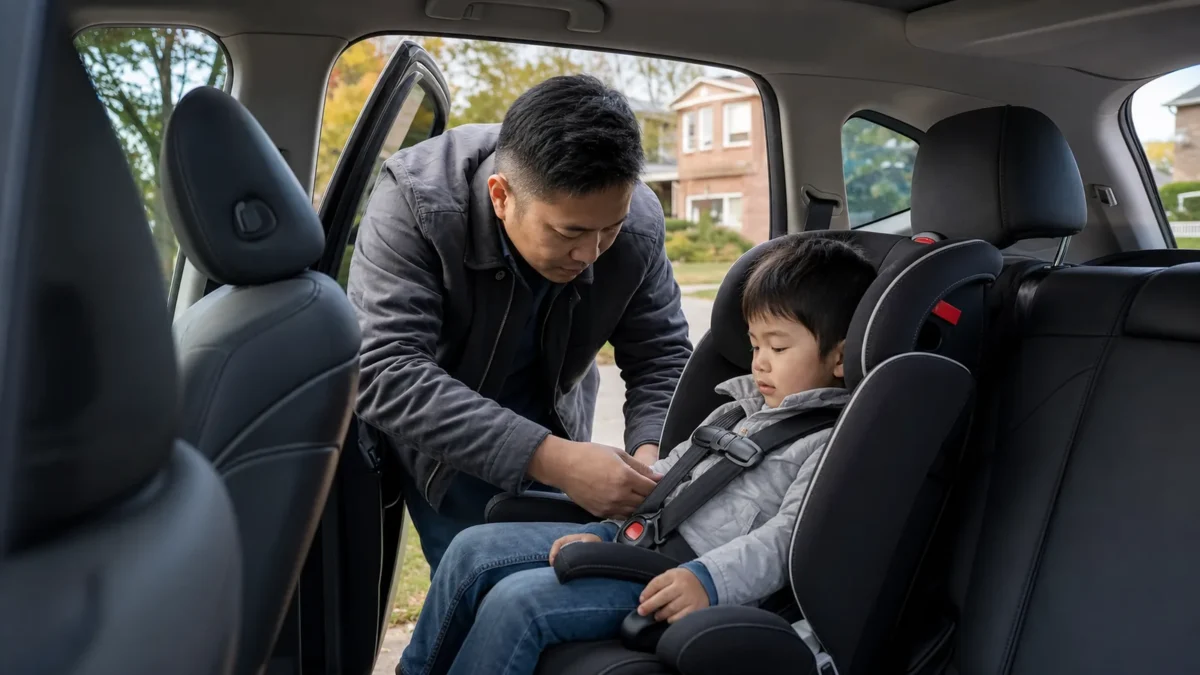 A driver checking that a child is buckled into a forward-facing car seat before setting off in Ontario.