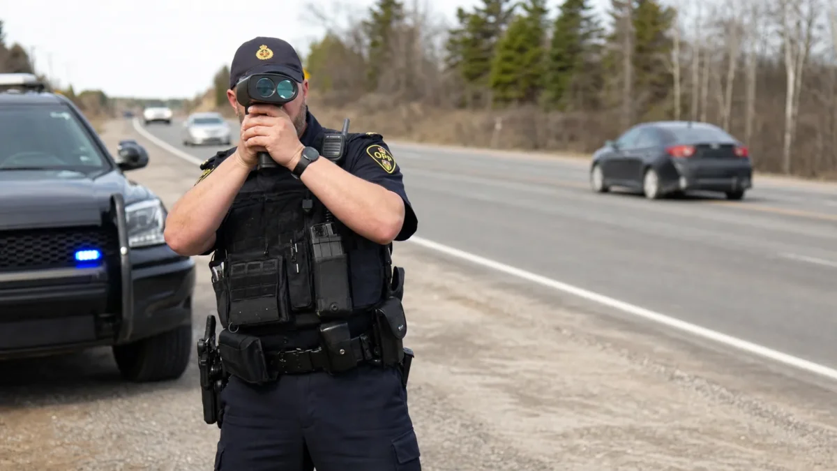 A police officer pointing a radar speed gun at traffic on an Ontario road during a speed enforcement stop.