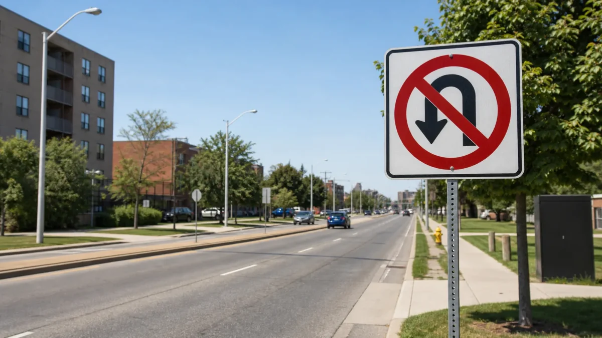 A no U-turn sign beside a straight Ontario city road with clear sight lines in both directions.