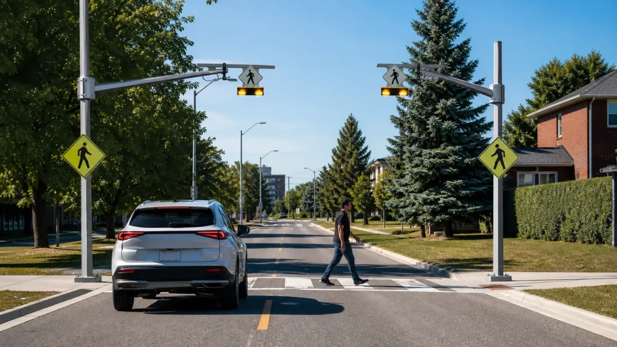 An Ontario pedestrian crossover with overhead flashing lights and pavement markings as a driver waits for someone to finish crossing.