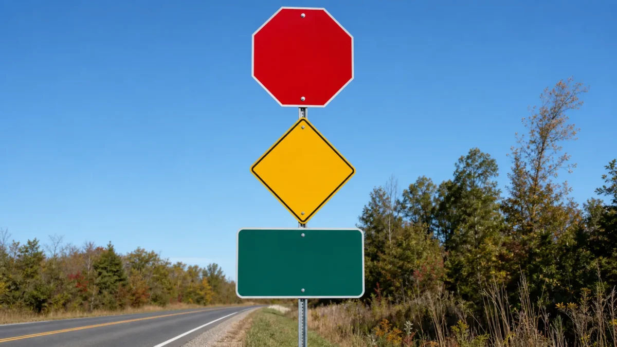 A cluster of Ontario road signs on a post: a red stop sign, a yellow diamond warning sign and a green guide sign against a clear sky.